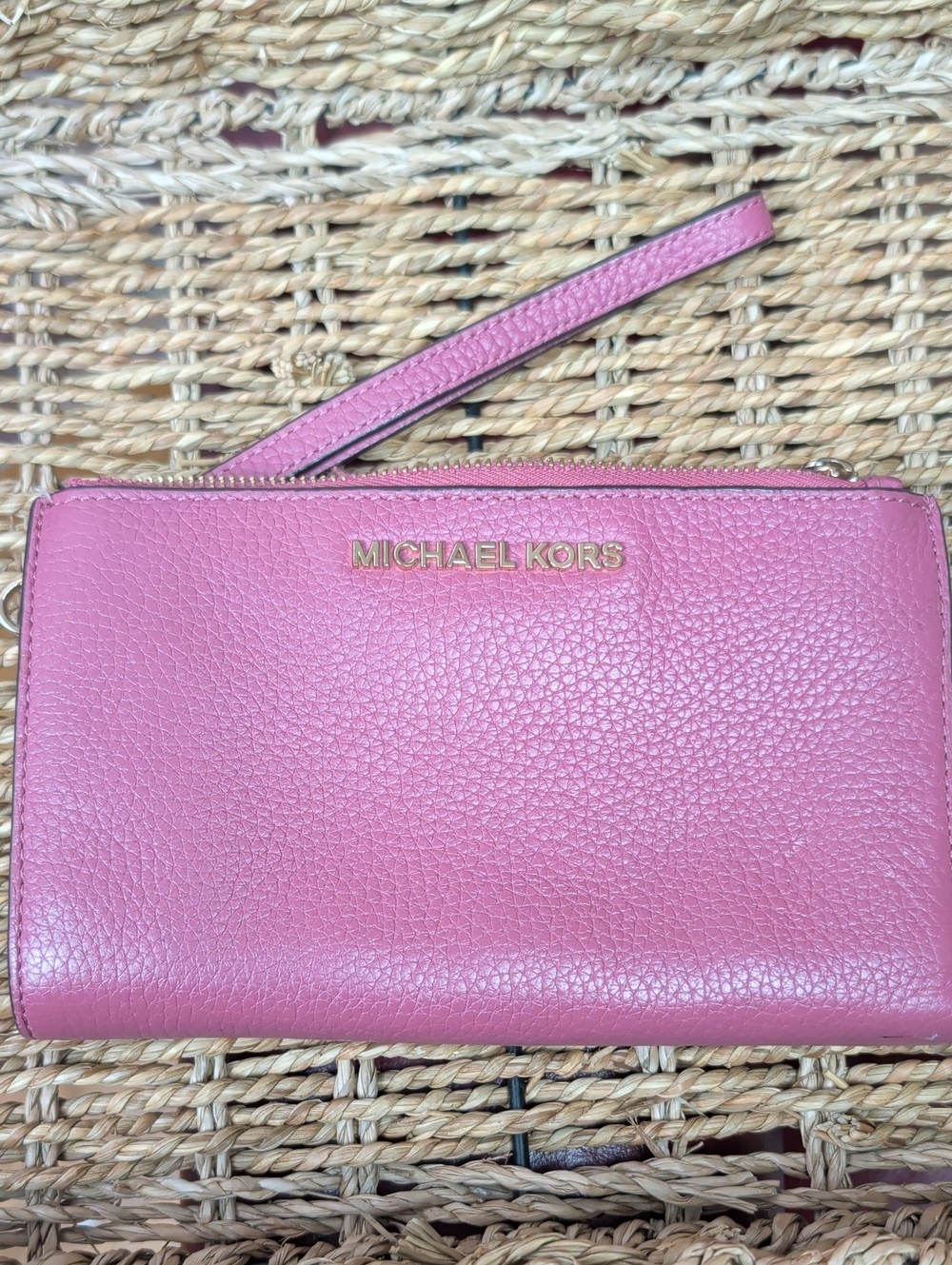 Michael Kors Pink Pebbled Leather Wristlet with Gold Logo